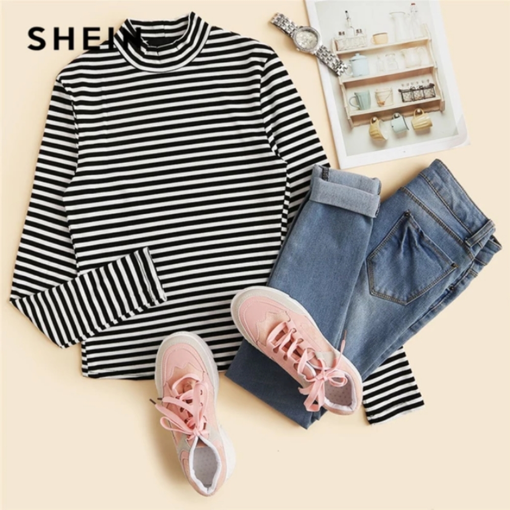 SHEIN Black and White Striped Long Sleeve Shirt - Picture 7 of 7